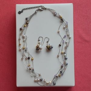 Pearl & Gems Necklace w/ Pearl Earrings